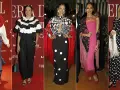 Cinco mujeres posan en una alfombra roja. Una lleva un look con lunares y un chal rojo, como un pescaito.