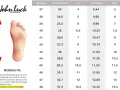 Tabla de tallas de zapatos John Luck. Un pie ilustrado a la izquierda. La talla 10 en USA corresponde a 43 EU y 28 cm.