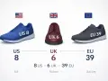 Tres zapatos de diferentes tallas (US 8, UK 6, EU 39) con sus banderas correspondientes.