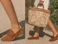 Estilo veraniego: cómo combinar mocasines beige mujer con un bolso de rafia.