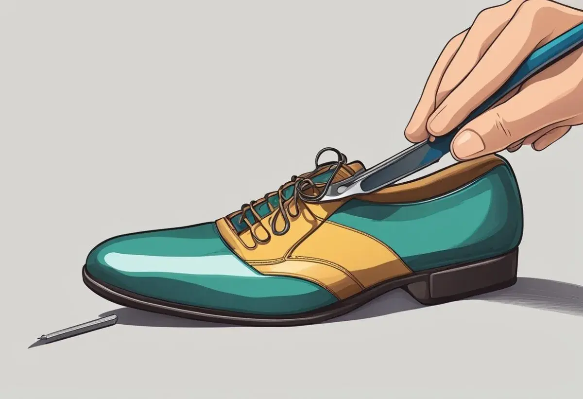 Mano ajustando un zapato de cuero con punta estrecha y cordones.