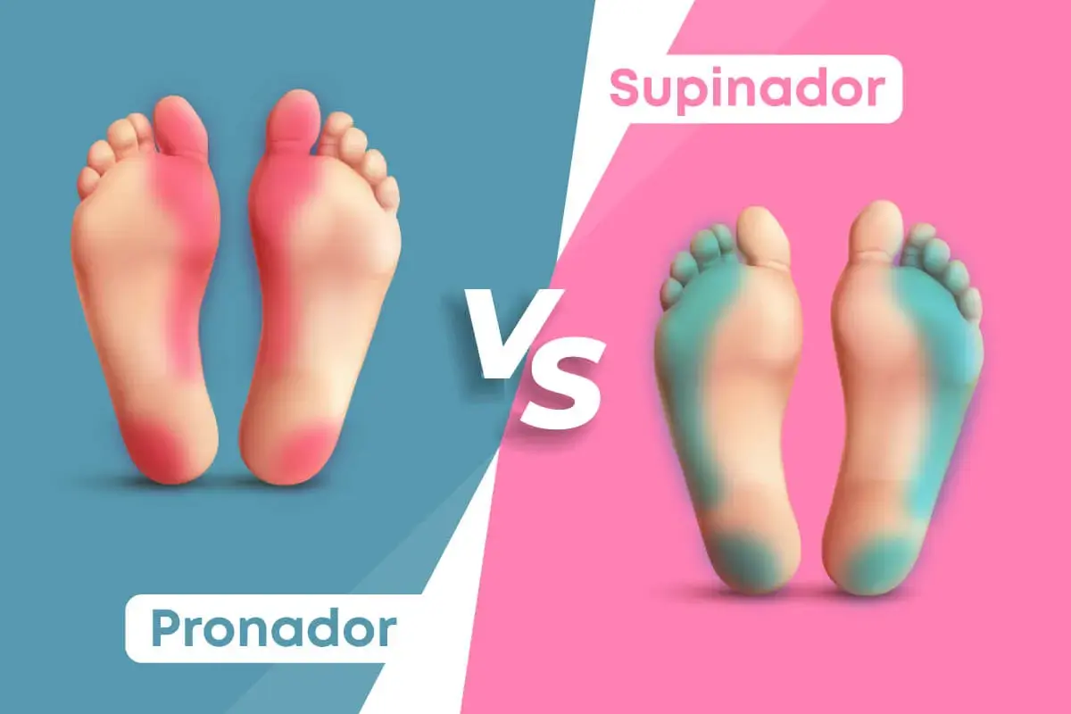 Comparación de tipos de pisadas al caminar: pronador (rojo) y supinador (azul).