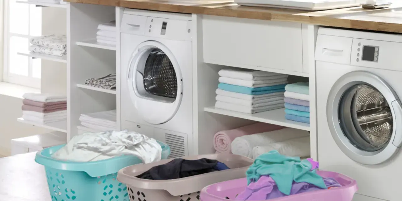 Lavandería moderna con lavadora y secadora. Cestas con ropa sucia y toallas dobladas, evocando la eficiencia de los detergentes años 60.