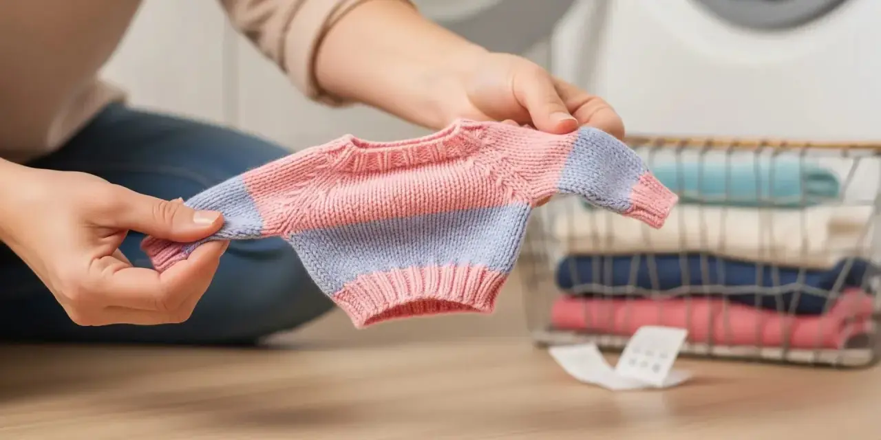 Manos sostienen un suéter diminuto, quizás para entender a qué temperatura encoge la ropa. Cerca, una cesta con ropa doblada.