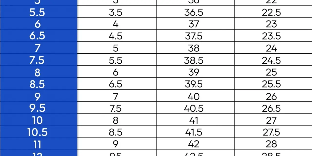 Tabla de equivalencias de tallas de calzado: US, UK, EU y CM. Una talla 8 US equivale a una talla 39 en España (EU).