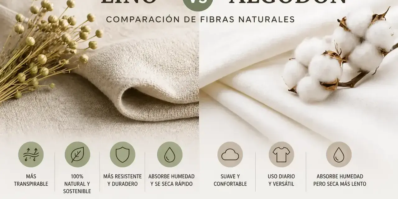 Comparación de lino y algodón. El algodón es suave, confortable y versátil para uso diario, absorbe humedad pero seca más lento.