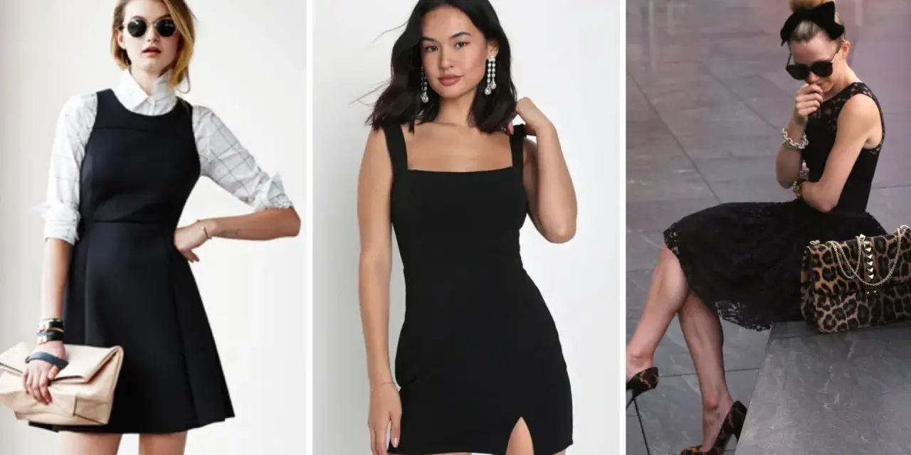 Tres looks con vestido negro: uno con camisa a cuadros y bolso beige, otro minimalista con pendientes largos, y el último con encaje, lazo y bolso animal print. Complementos y zapatos para vestido negro.