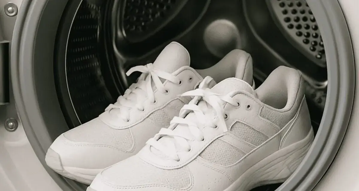 Zapatillas blancas listas para lavar en lavadora. Descubre a qué temperatura lavar zapatillas para que queden como nuevas.