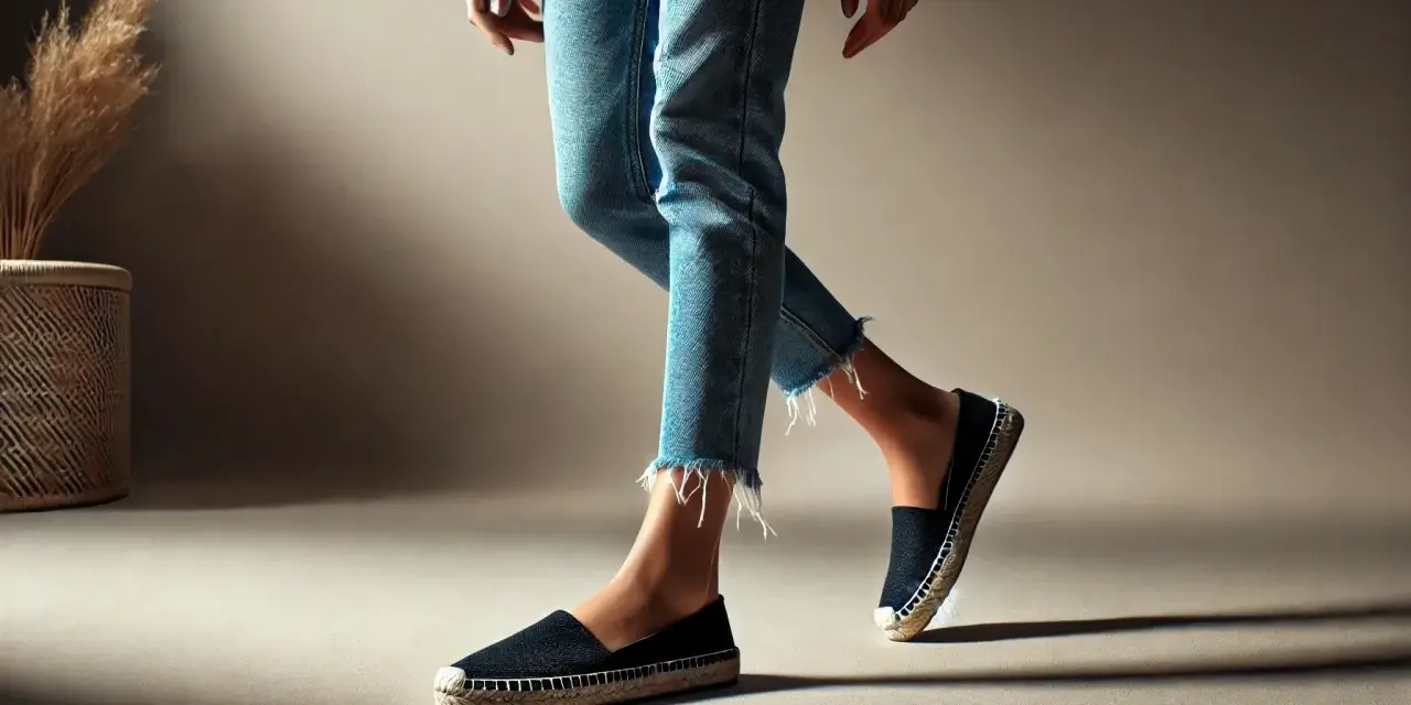 Mujer con vaqueros desgastados y alpargatas negras, un look casual perfecto para combinar alpargatas mujer.
