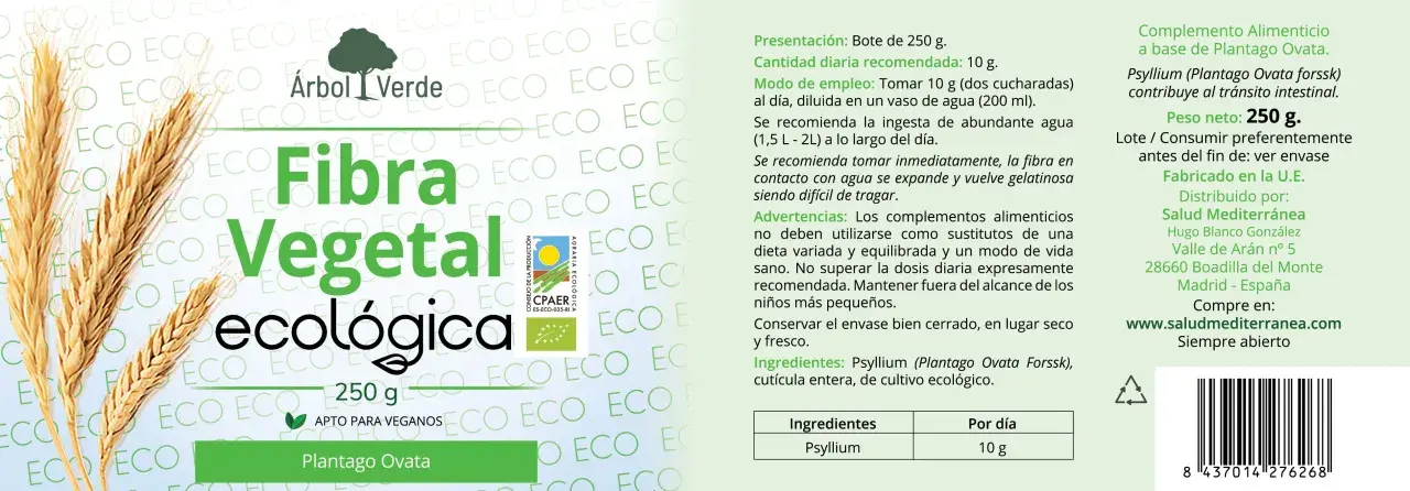 Bote de fibra vegetal ecológica de Plantago Ovata (psyllium), 250g. Ideal para el tránsito intestinal.