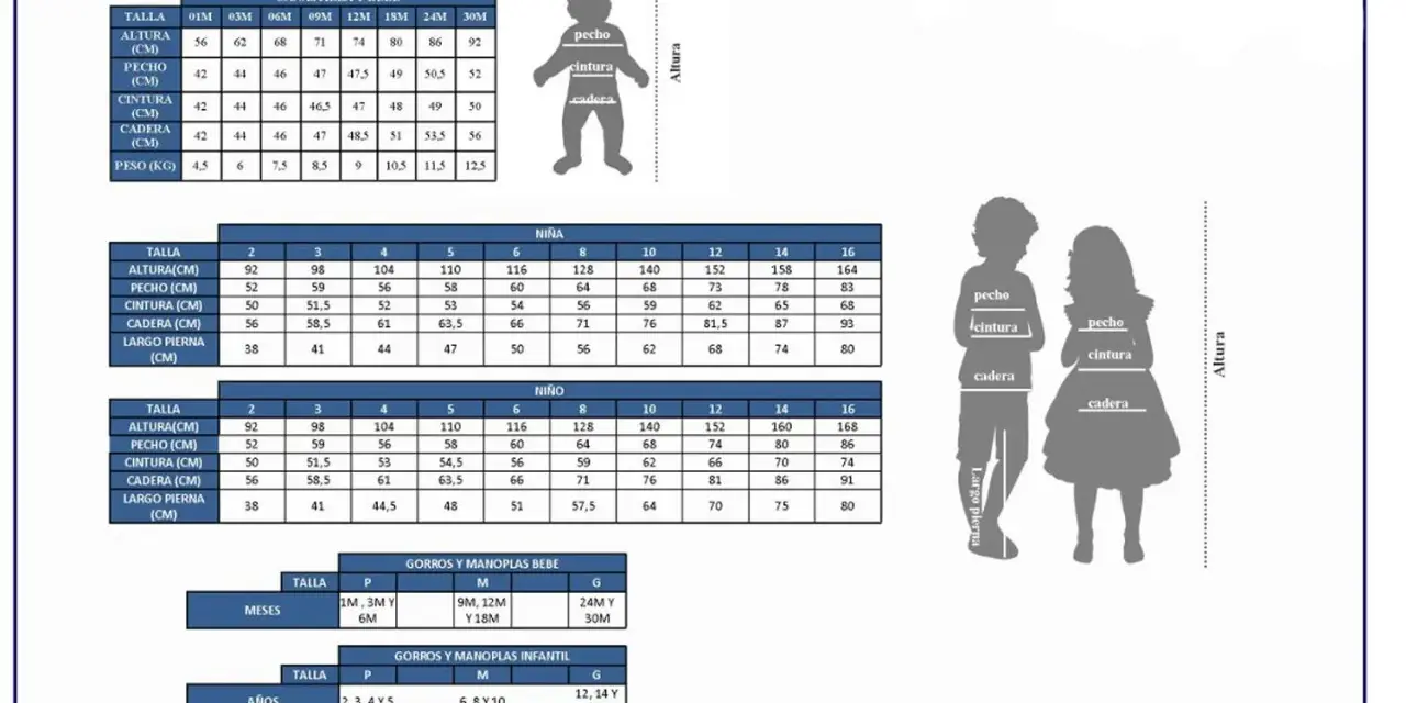 Guía de tallas con siluetas de niños y tablas. Busca la talla niño 6 años en la sección "Niña" o "Niño".