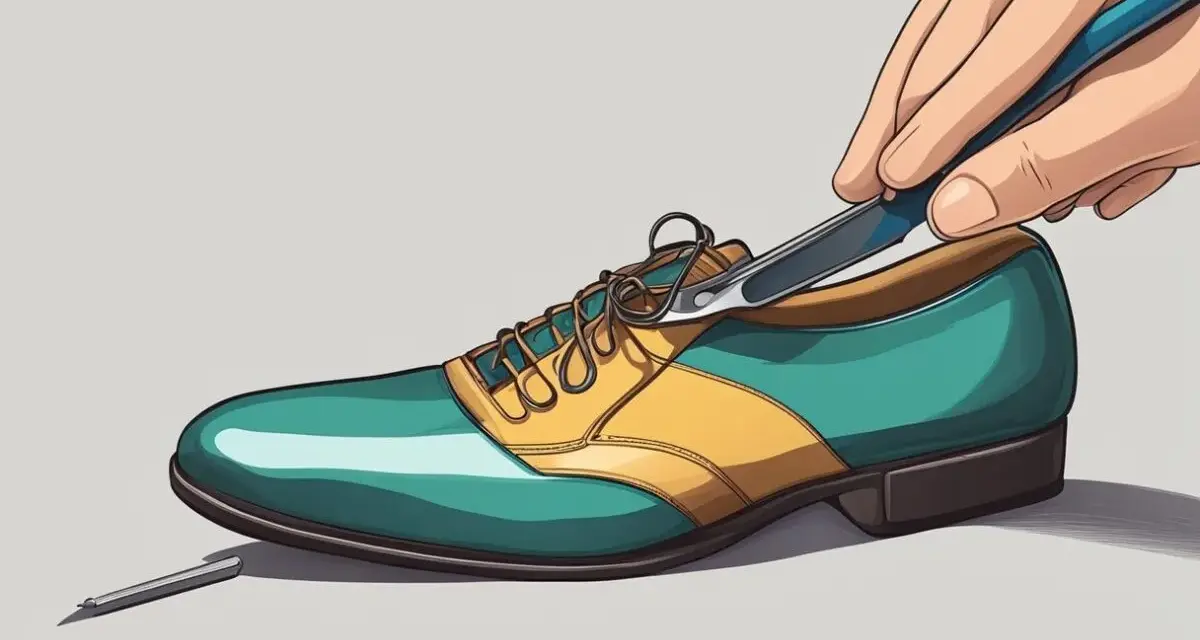 Mano ajustando un zapato de cuero con punta estrecha y cordones.