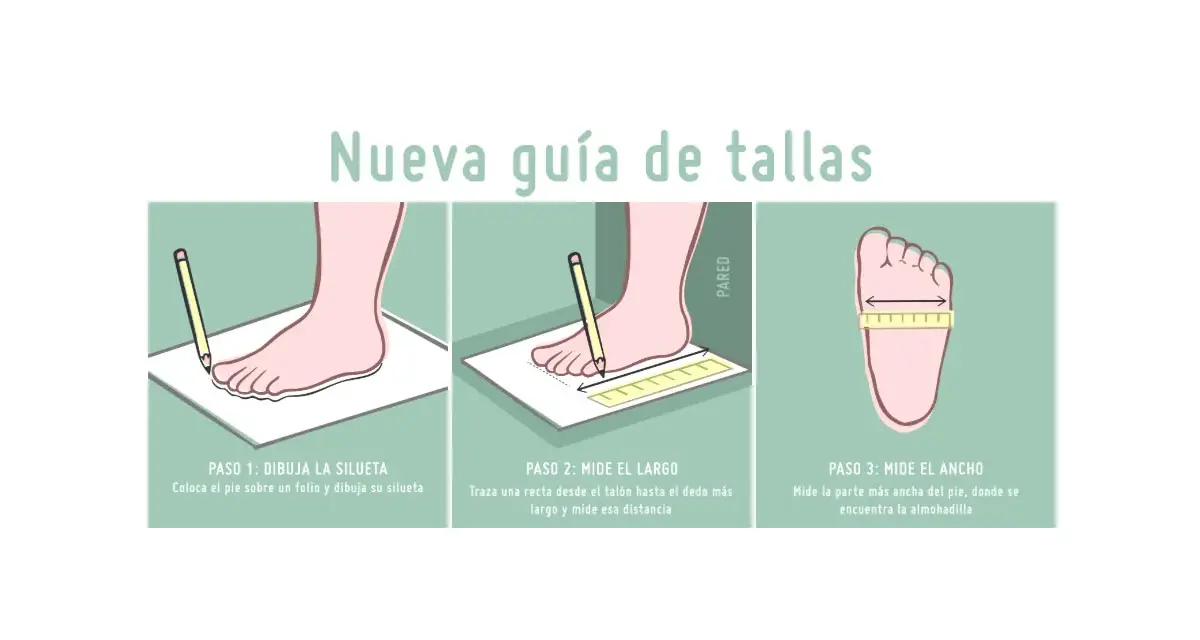 Guía para la correspondencia de tallas de zapatos: dibuja silueta, mide largo y ancho del pie.