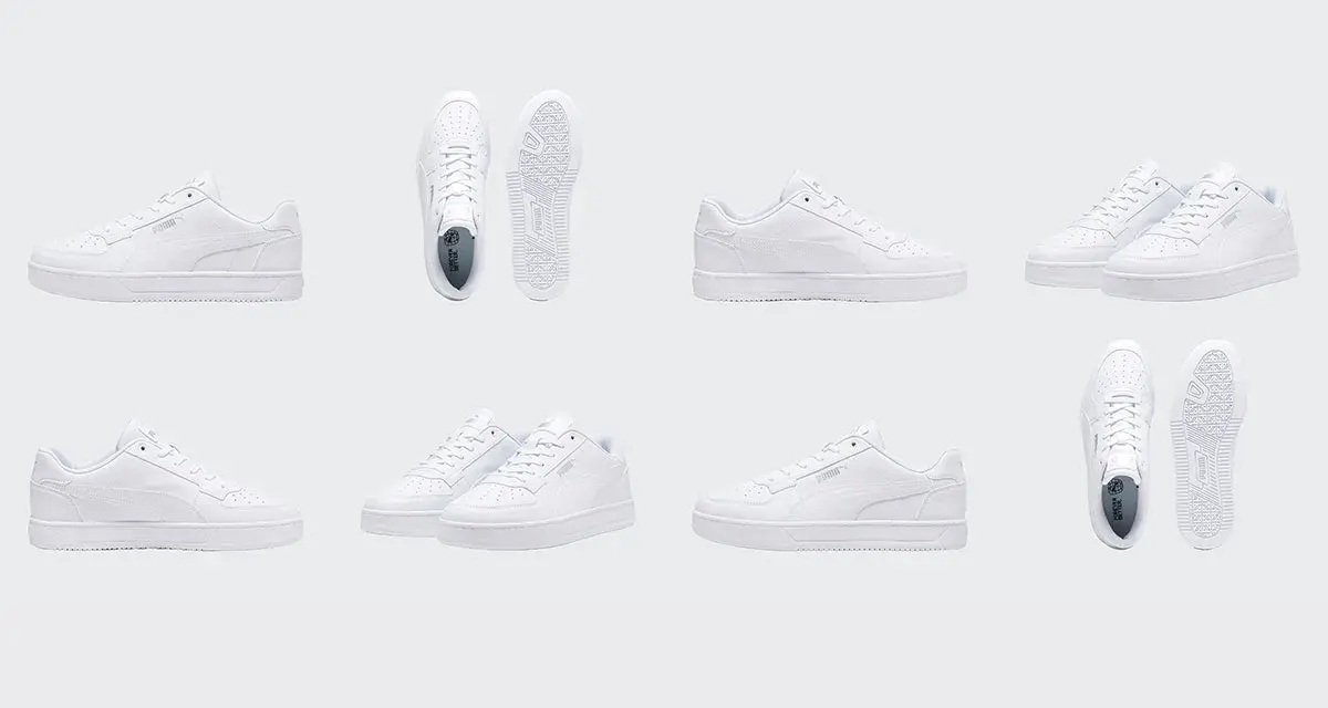 Varias zapatillas blancas de piel Puma, perfectas para limpiar y mantener impecables.