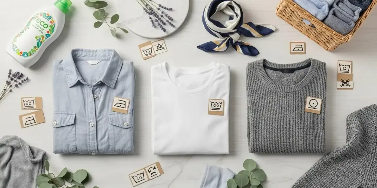 Organiza tu ropa para lavarla: camisa azul, camiseta blanca y suéter gris con símbolos de cuidado. Detergente ecológico y lavanda.
