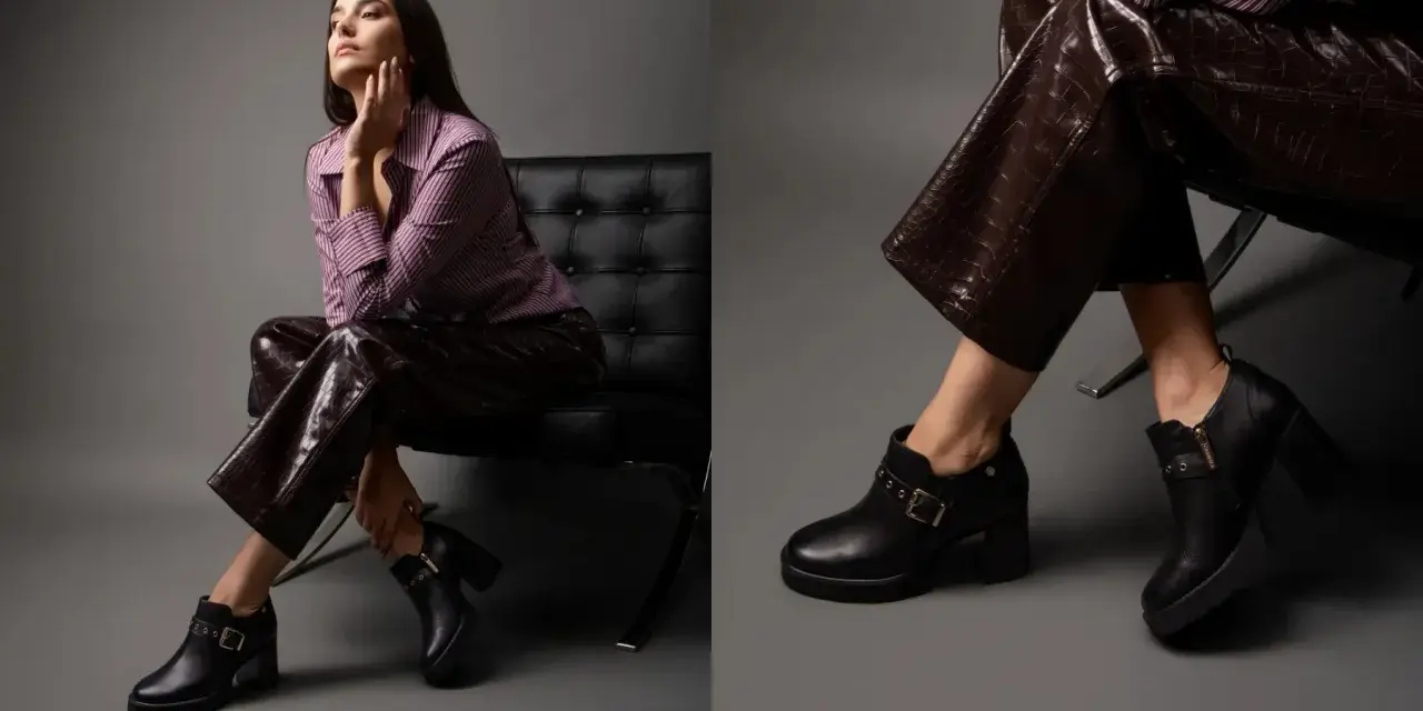 Outfits: mujer con botines negros y pantalones de efecto piel. Un look moderno para lucir botines con vaqueros.