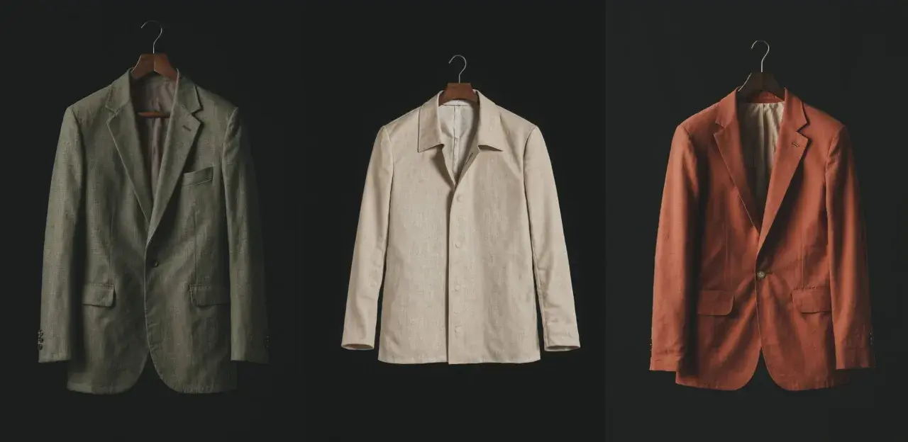 Tres chaquetas de lino en tonos verde, beige y terracota, un ejemplo de slow fashion atemporal y de calidad.