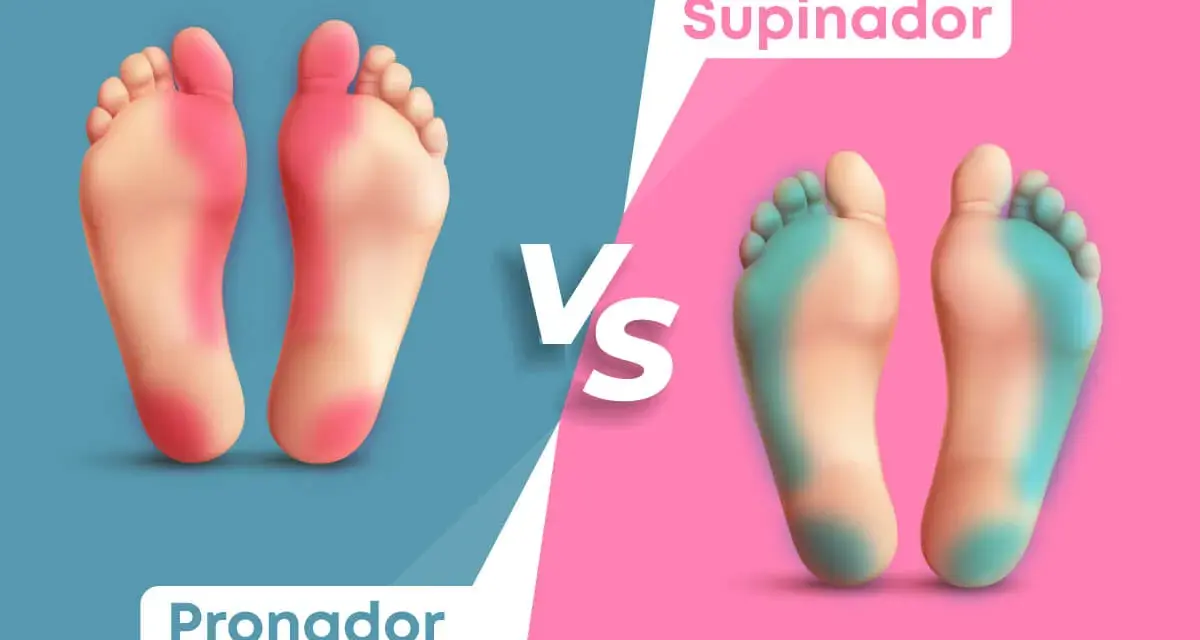 Comparación de tipos de pisadas al caminar: pronador (rojo) y supinador (azul).