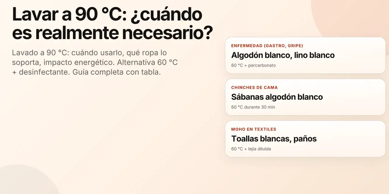 Guía sobre a qué temperatura se lava la ropa blanca. Muestra opciones como 60°C para sábanas y toallas, y 90°C para desinfección.
