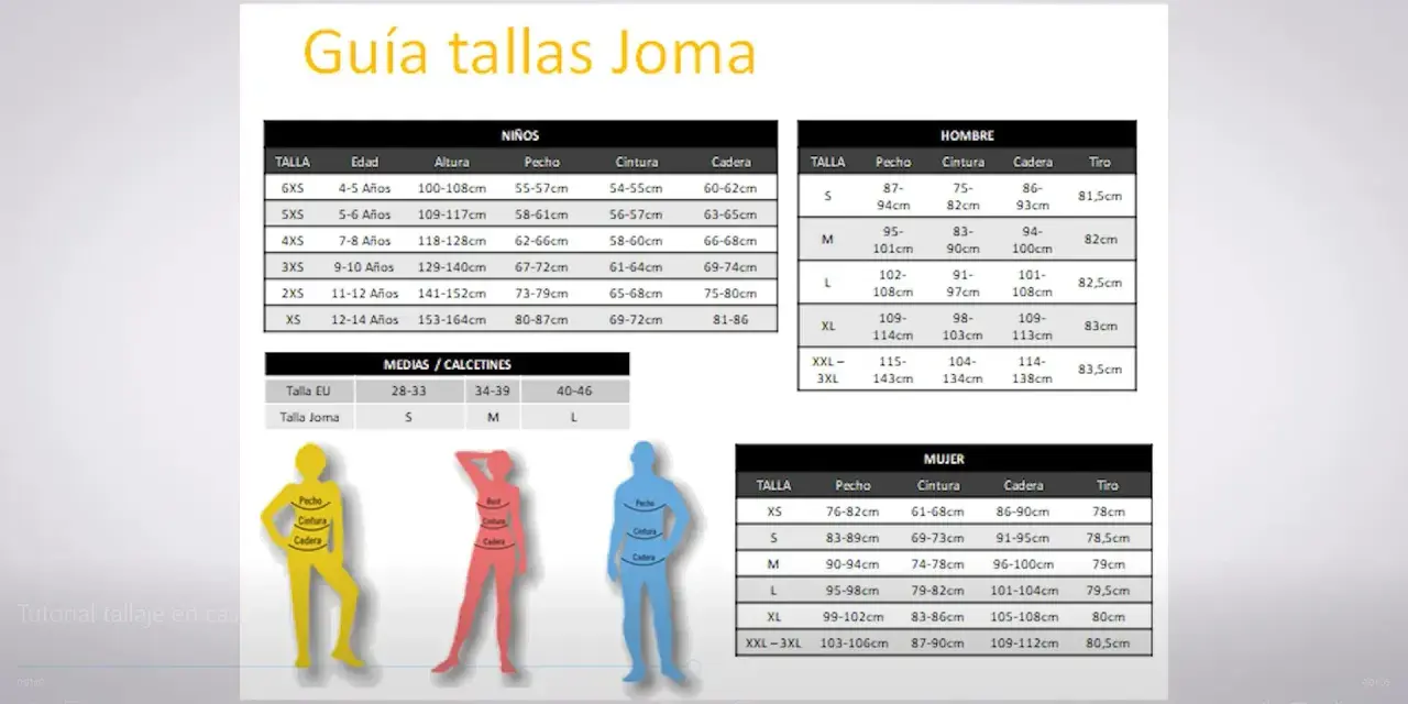 Guía de tallas Joma para niño de 8 años: altura 118-128cm, pecho 62-66cm, cintura 58-60cm, cadera 66-68cm.