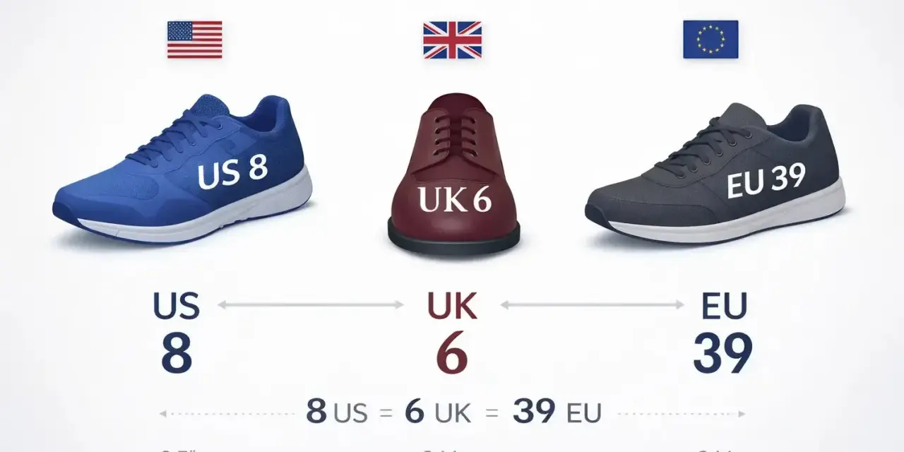Tres zapatos de diferentes tallas (US 8, UK 6, EU 39) con sus banderas correspondientes.