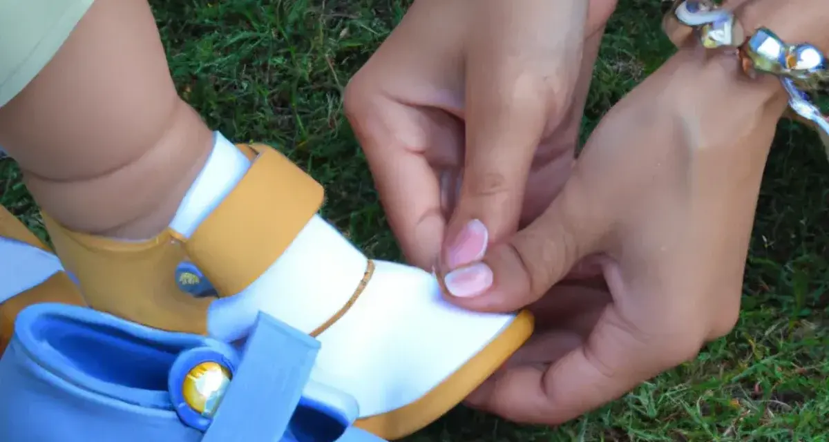 Manos cuidadosas ponen zapatos a un bebé. Un zapato blanco y amarillo espera, mientras otro azul yace cerca.