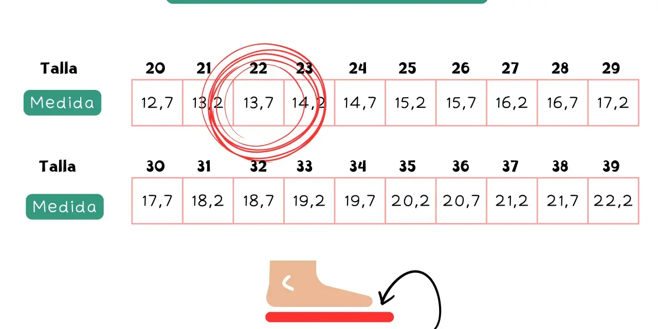 Tabla de tallas de zapatos. Muestra cómo cuanto crece el pie de un niño de 2 años, con medidas de 13,2 cm (talla 21) a 14,2 cm (talla 23).