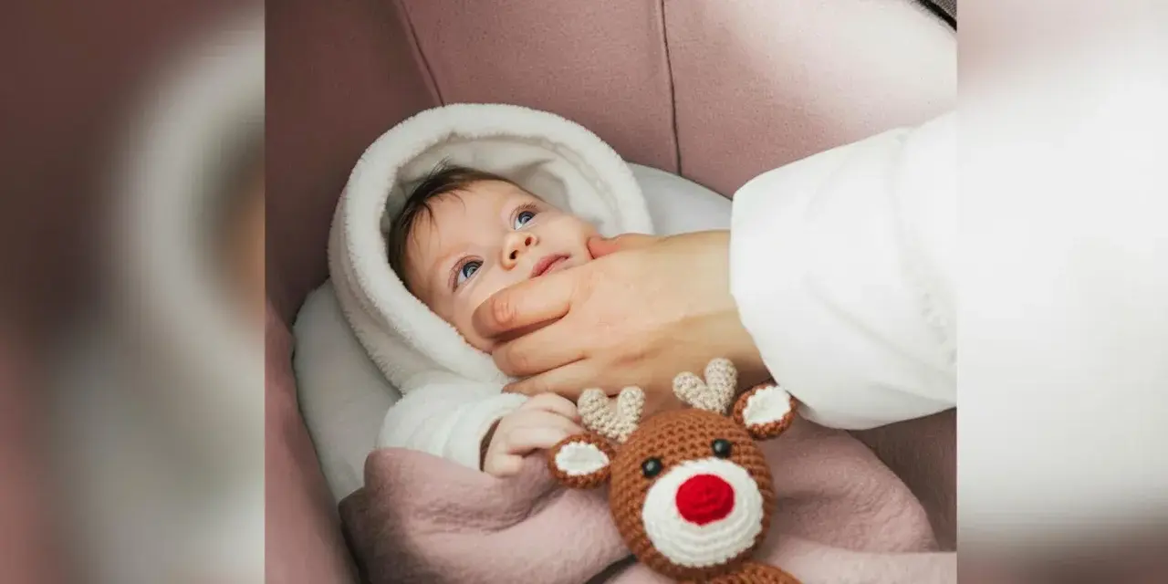 Bebé recién nacido envuelto en manta rosa, con un peluche de reno. Una mano le acaricia la mejilla, como si fuera a poner calcetines a los bebé recién nacido.