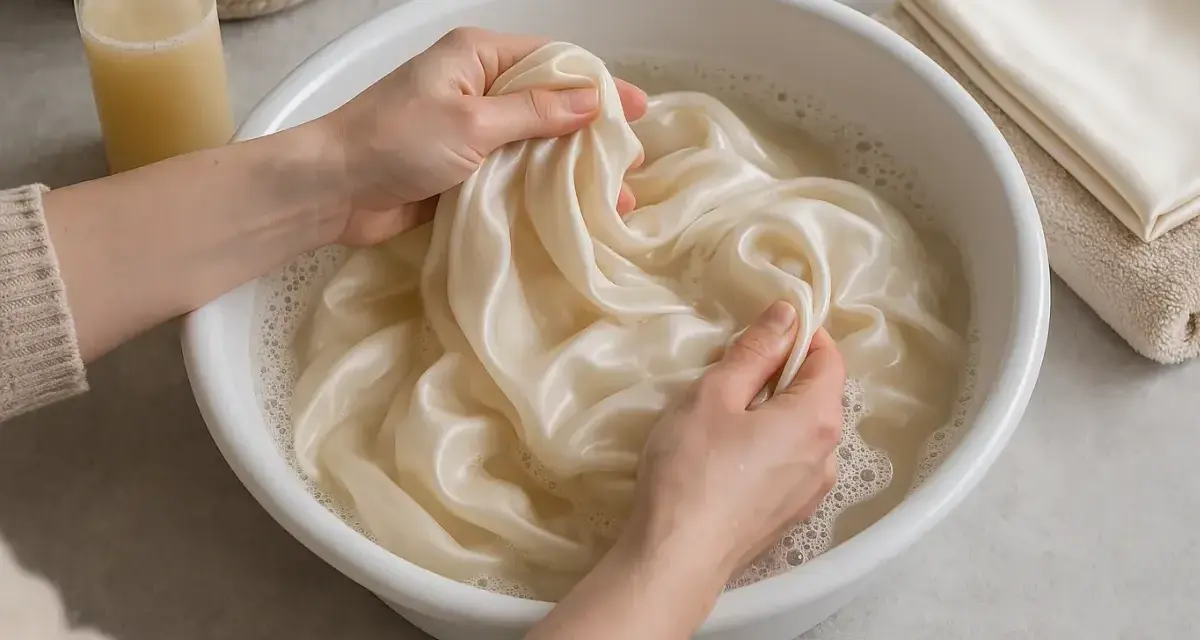 Manos lavando seda en agua con vinagre para un cuidado delicado.