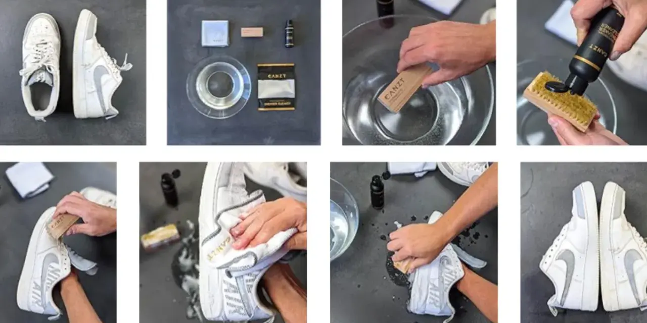 Proceso de lavar zapatillas a mano con cepillo y limpiador. Se muestra el material y los pasos para dejarlas como nuevas.
