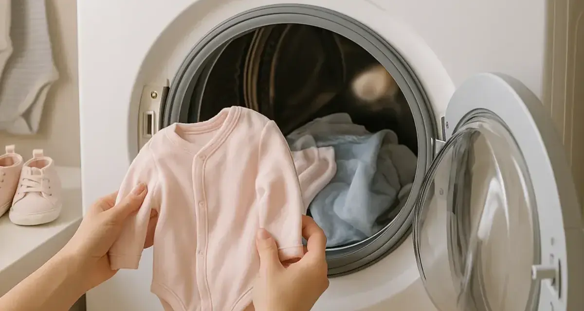 Manos sostienen un mameluco rosa para bebé, listo para meterlo en la lavadora. Aprende cómo lavar ropa de bebé fácilmente.