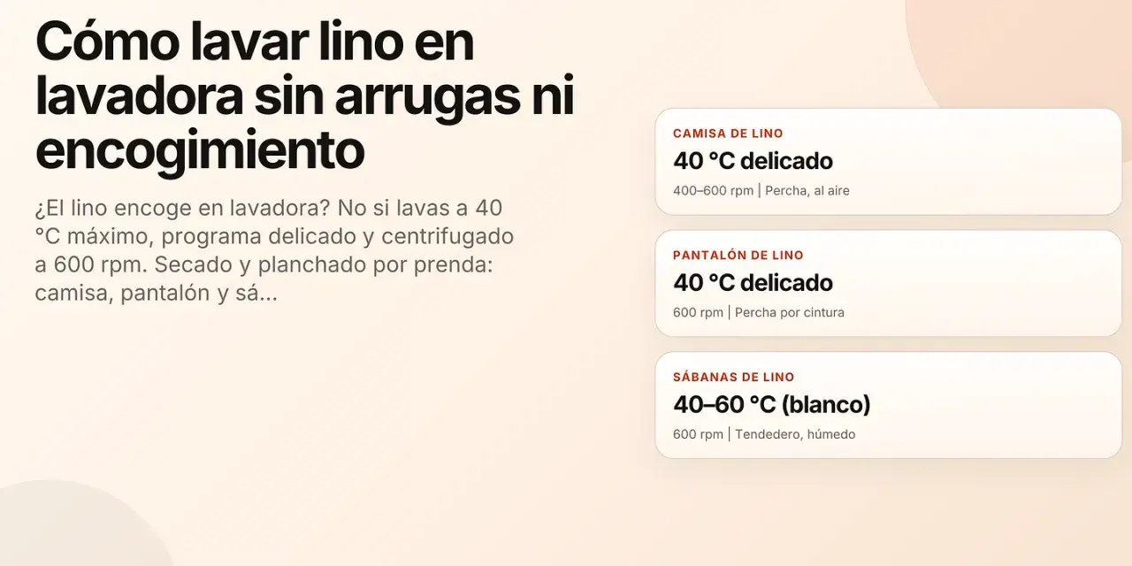 Lavar lino en lavadora: 40°C máximo para camisas y pantalones, 40-60°C para sábanas blancas. Centrifugado a 600 rpm.