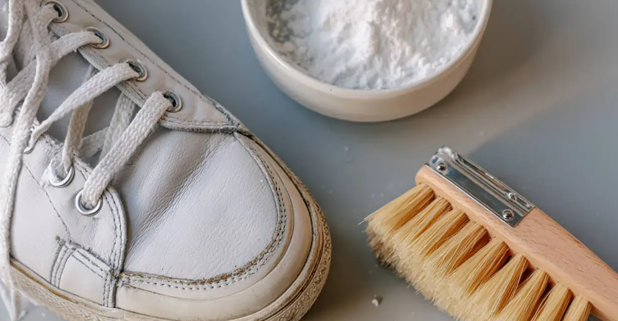 Un zapato de piel clara, un cepillo y un cuenco con polvo blanco, listo para aprender como limpiar zapatos de piel clara.