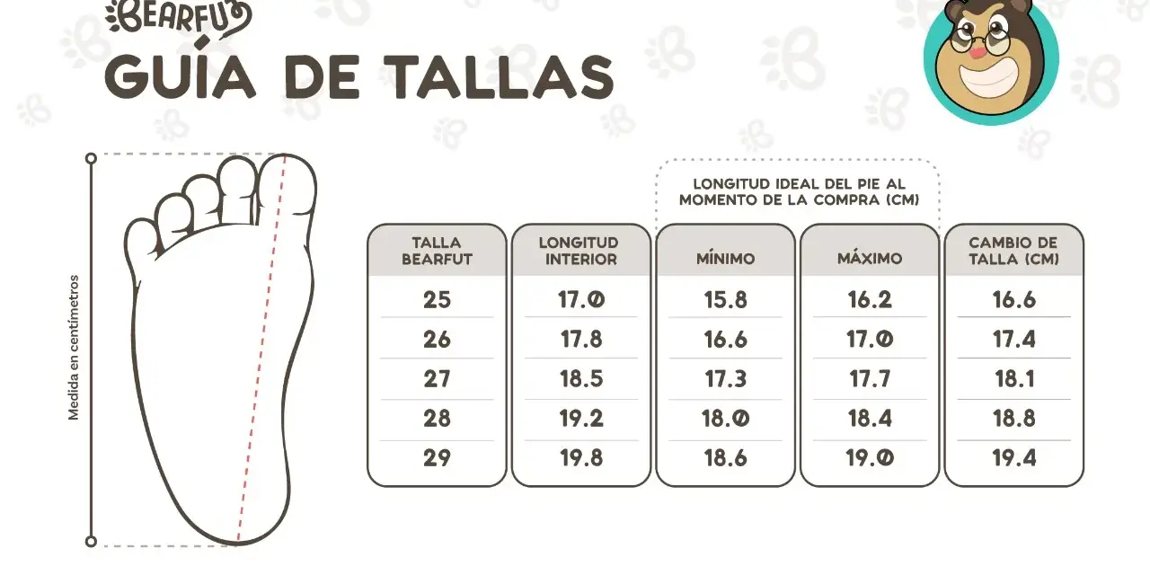 Guía de tallas Bearfuz. Muestra cómo medir el pie para encontrar la talla correcta, ideal para un niño de 6 años.