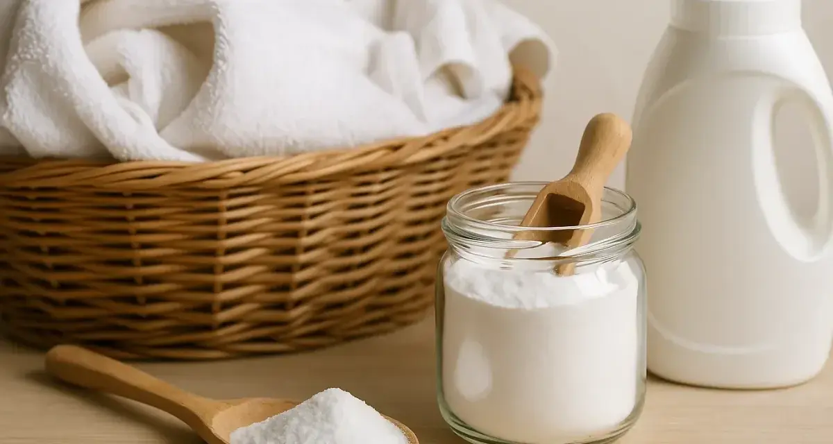 Cesta con ropa blanca, un frasco de bicarbonato y una botella de detergente. ¡Cuidado! el bicarbonato estropea la ropa de color.