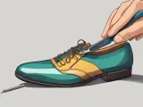 Mano ajustando un zapato de cuero con punta estrecha y cordones.