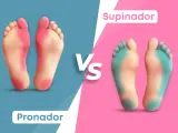 Comparación de tipos de pisadas al caminar: pronador (rojo) y supinador (azul).