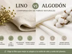 Comparación de lino y algodón. El algodón es suave, confortable y versátil para uso diario, absorbe humedad pero seca más lento.