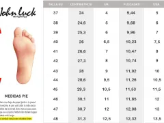Tabla de tallas de zapatos John Luck. Un pie ilustrado a la izquierda. La talla 10 en USA corresponde a 43 EU y 28 cm.