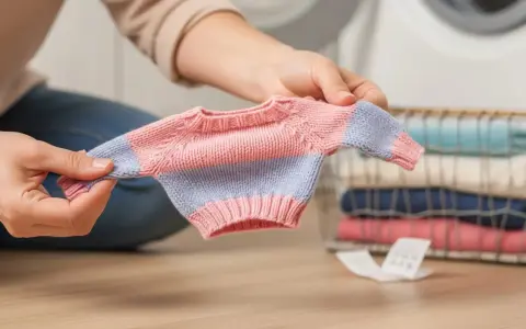 Manos sostienen un suéter diminuto, quizás para entender a qué temperatura encoge la ropa. Cerca, una cesta con ropa doblada.