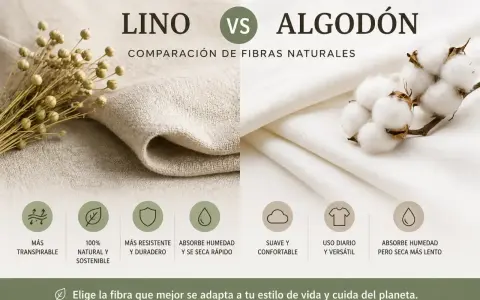 Comparación de lino y algodón. El algodón es suave, confortable y versátil para uso diario, absorbe humedad pero seca más lento.