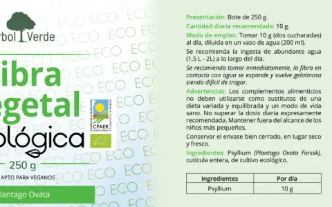 Bote de fibra vegetal ecológica de Plantago Ovata (psyllium), 250g. Ideal para el tránsito intestinal.