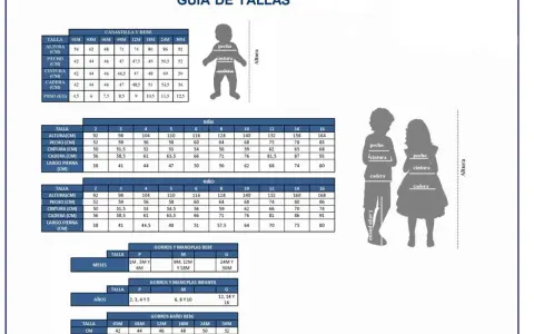 Guía de tallas con siluetas de niños y tablas. Busca la talla niño 6 años en la sección "Niña" o "Niño".