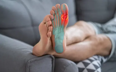 Pie con radiografía que muestra dolor lateral dedo gordo.