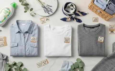 Organiza tu ropa para lavarla: camisa azul, camiseta blanca y suéter gris con símbolos de cuidado. Detergente ecológico y lavanda.