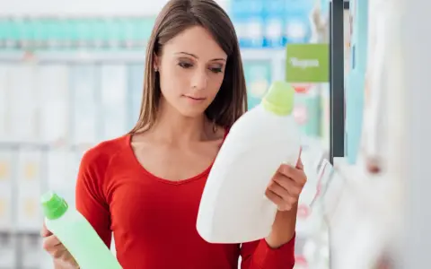 Mujer compara dos botellas de detergente, leyendo la etiqueta producto de limpieza.