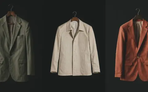Tres chaquetas de lino en tonos verde, beige y terracota, un ejemplo de slow fashion atemporal y de calidad.