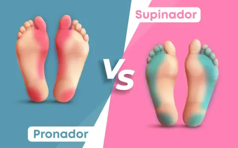 Comparación de tipos de pisadas al caminar: pronador (rojo) y supinador (azul).