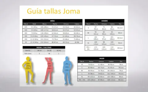 Guía de tallas Joma para niño de 8 años: altura 118-128cm, pecho 62-66cm, cintura 58-60cm, cadera 66-68cm.
