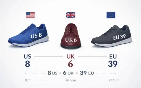 Tres zapatos de diferentes tallas (US 8, UK 6, EU 39) con sus banderas correspondientes.